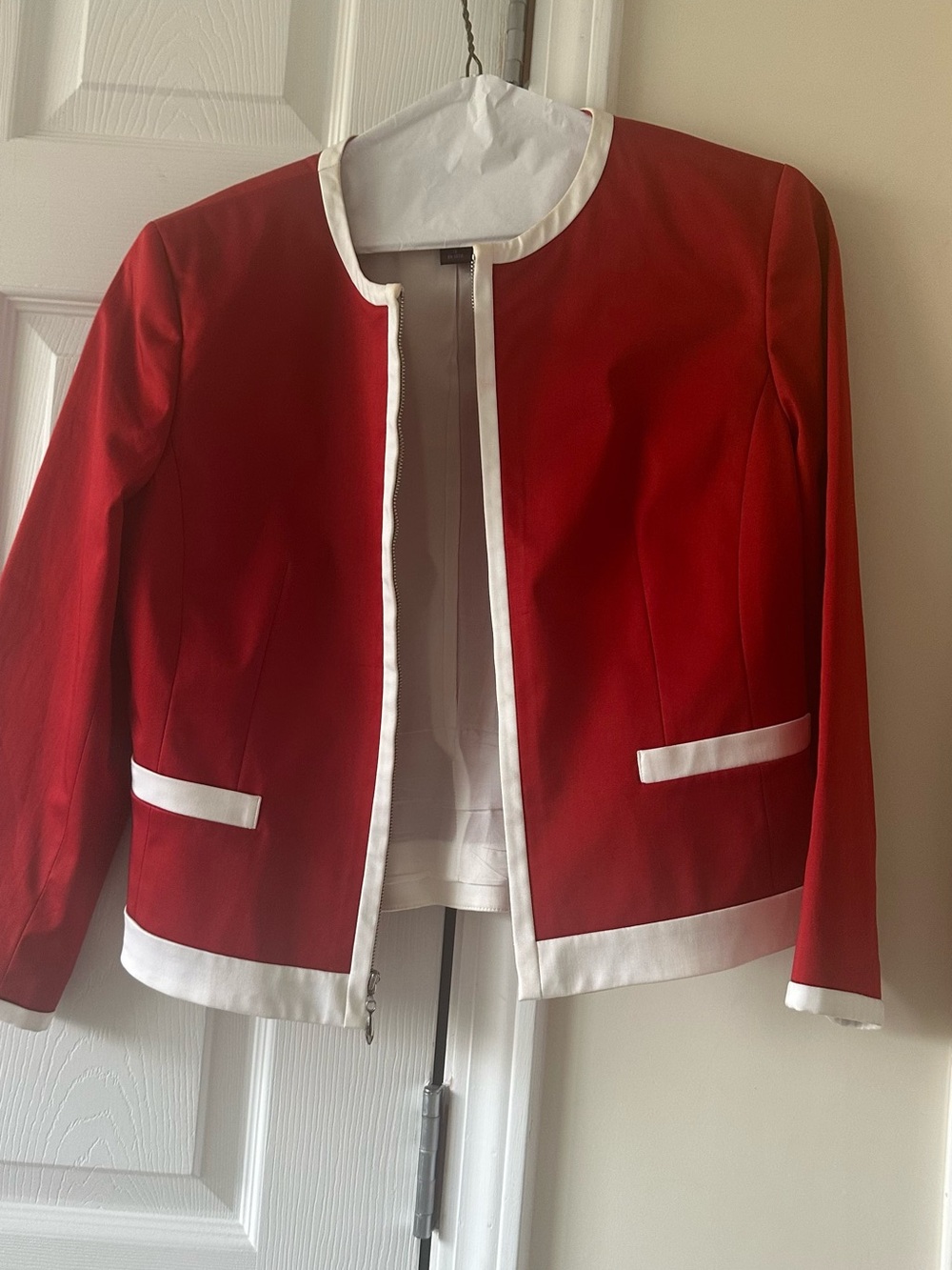 Context Red Open-Front Collarless Jacket with White Trim